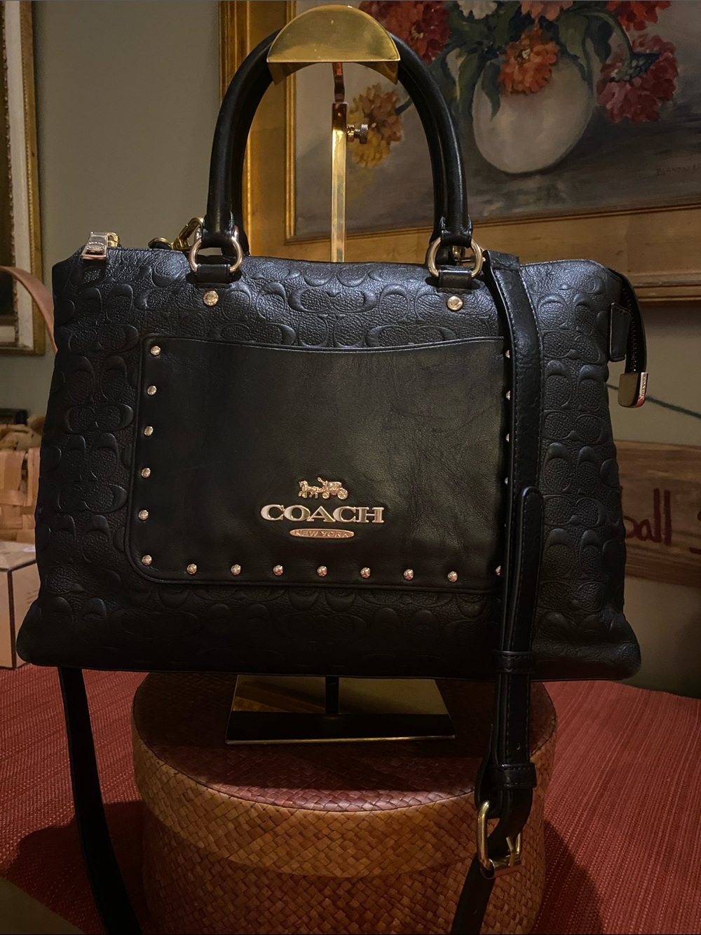 Coach Emma Black Satchel Crossbody Signature C and Cowhide Leather w/Gold studs
